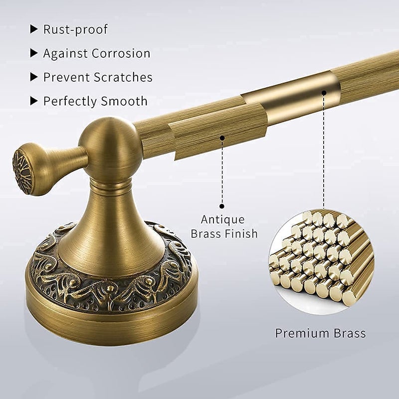 BATHSIR Antique Brass Towel Bar Set, Adjustable Bathroom Accessories Include Expandable Towel Holder Toilet Paper Holder Towel Ring Robe Hook Retro Carved Style Hardware 4 Piece Wall Mount - Image 5